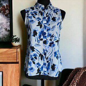 KARL LAGERFELD ( XSP ) White with Blues in a floral pattern. Pearl Detail Collar